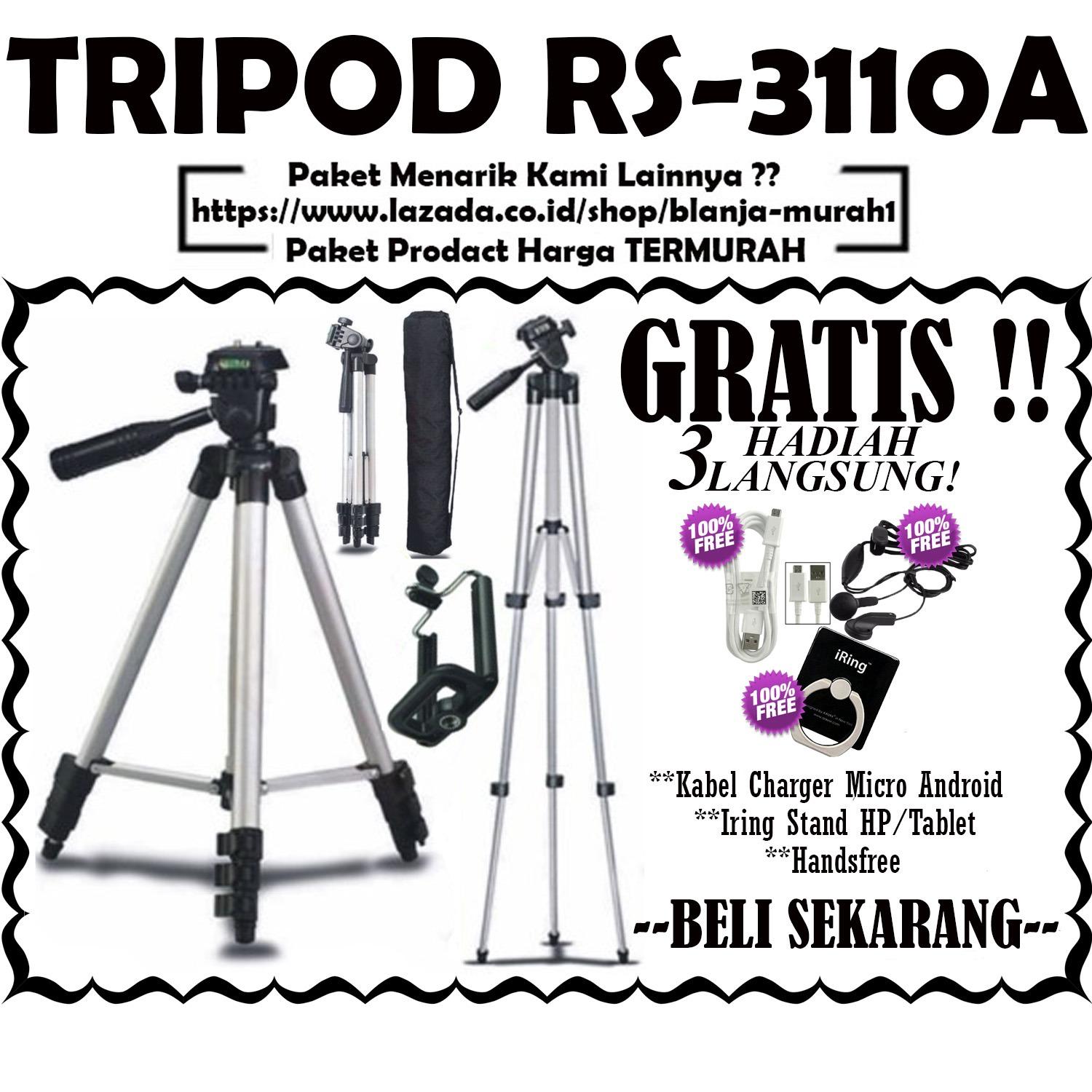 Tripod RS-3110A 1 Meter by Ring Star Include Holder U for Smartphone / Universal ( Camera Digital , Action Cam, DSLR , SLR ) - GRATIS Kabel Charger Micro Android + Iring Stand HP/Tablet & Handsfree