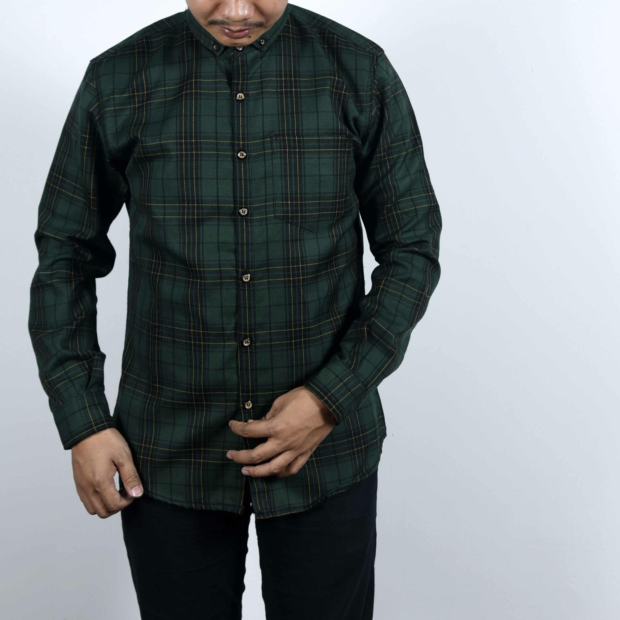Kemeja Flanel Kemeja Kasual Kemeja Pria - Long Flanel Green List Black Yellow 5397 Flanel - Lengan Panjang SlimFit