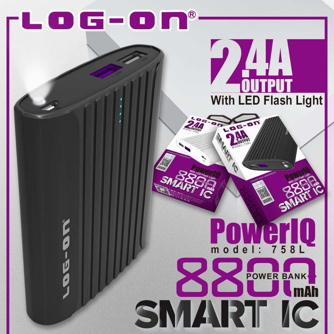 Log On Power IQ Powerbank 8800mAh Real Capacity Polymer Battery Dual Port USB Smart IC LO-758L