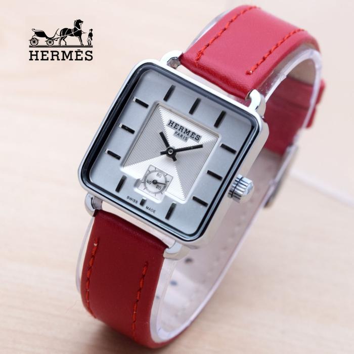 Jam Tangan Wanita / Cewek Hermes Segi Leather Red Silver TERMURAH