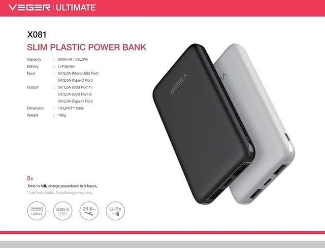 JUAL POWERBANK VEGER ULTIMATE X801 8000MAH 2 USB REAL CAPACITY ORIGINAL