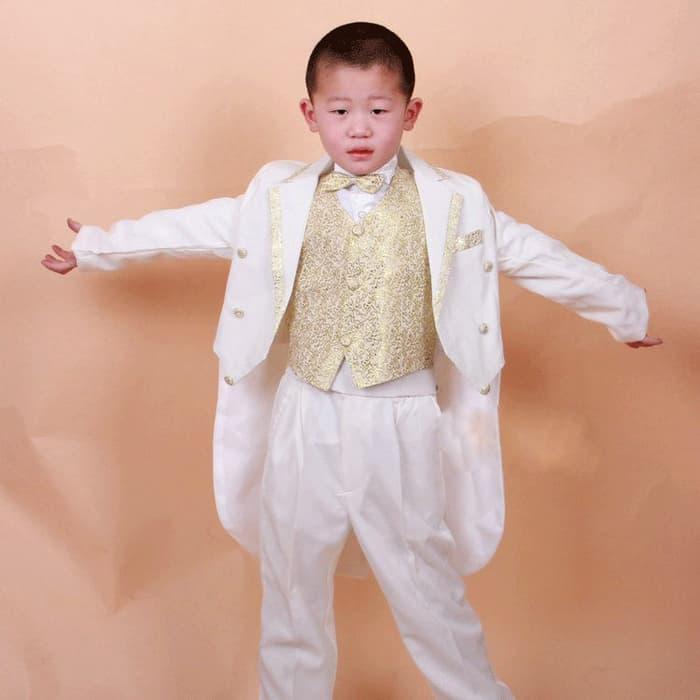 Jas Anak Laki Tuxedo Putih Gold - Celana- Rompi- Dasi- Ikat Pinggang