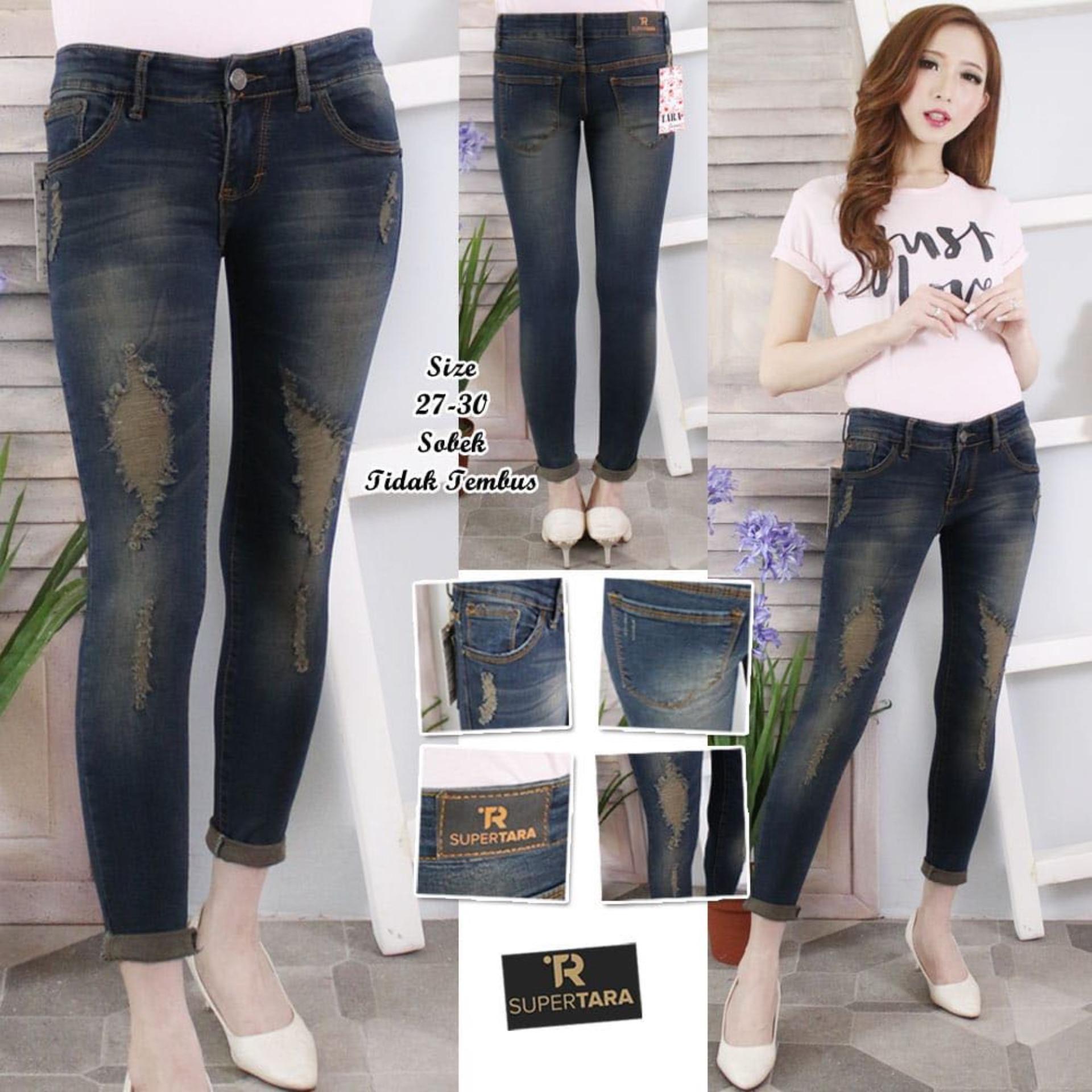 OZY - Celana Jeans Wanita Ripped Kaki Lipat - Sofjeans