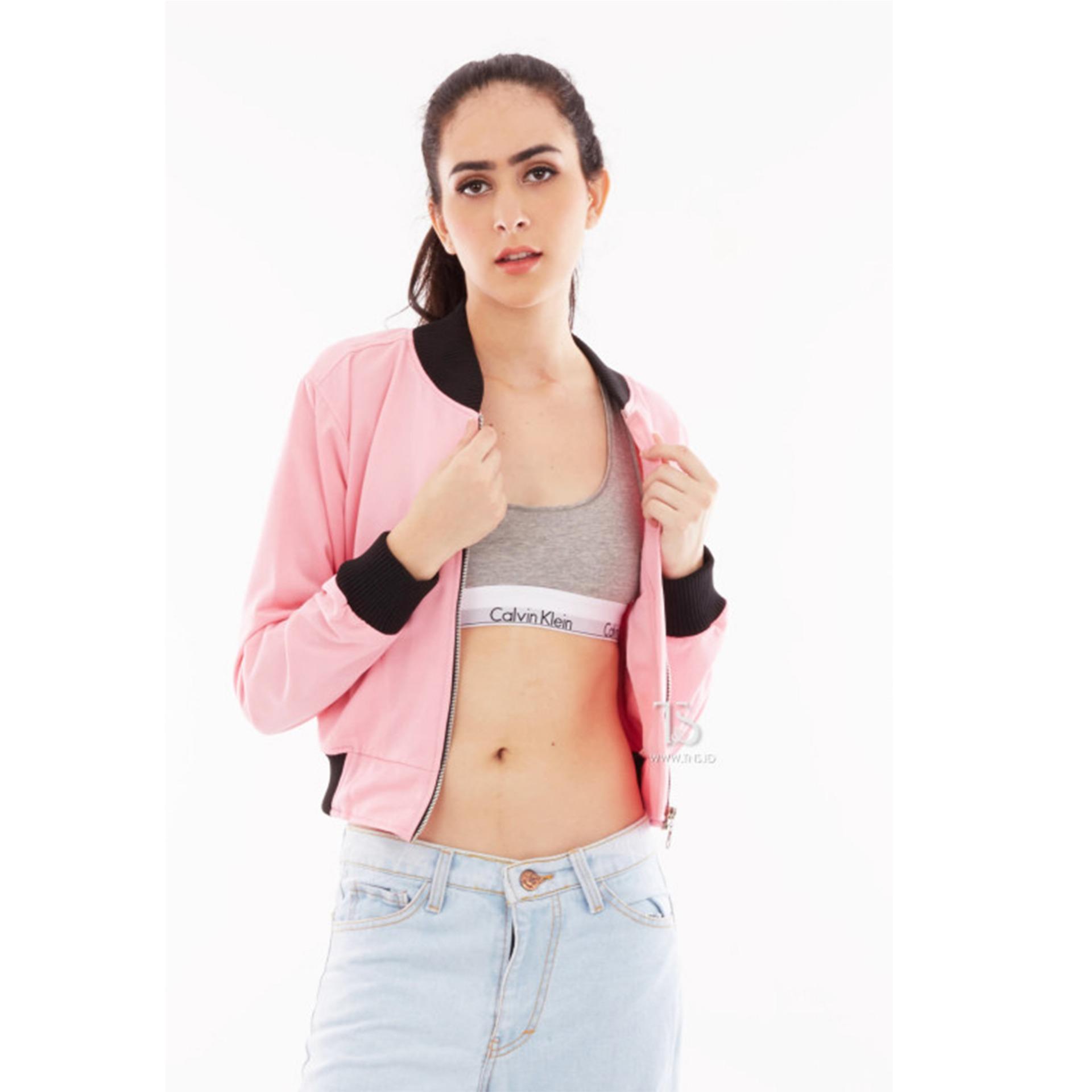 Bajukitaindonesia Jaket Bomber Crop Lotto Polos PINK - M