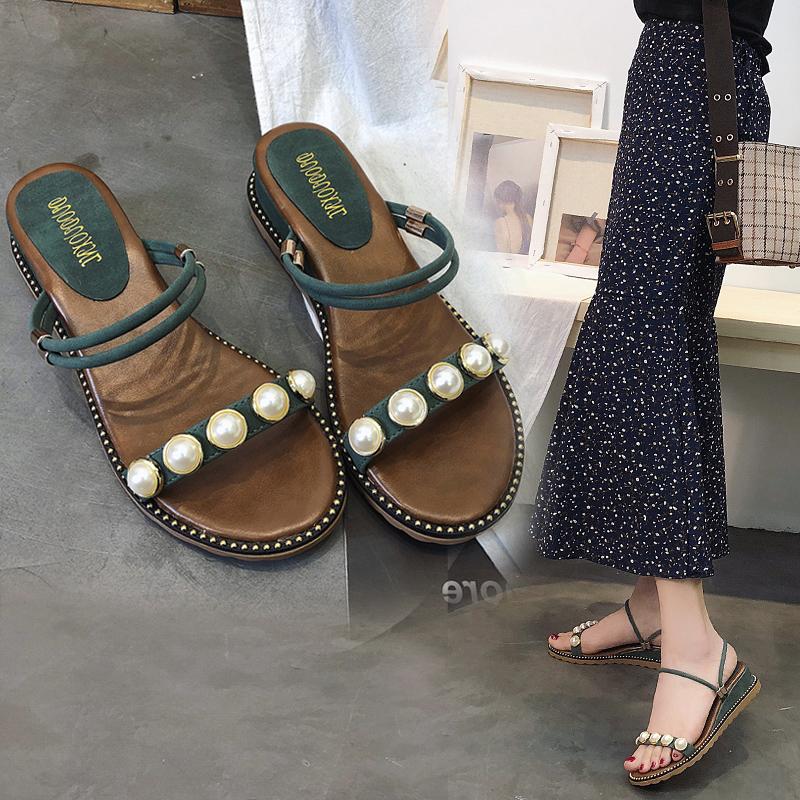 Sandal Musim Panas Dua Memakai Kayu Cendana Pantai Korea Modis Gaya Pakaian Luar (Hijau 1801 Lereng With Two Memakai)