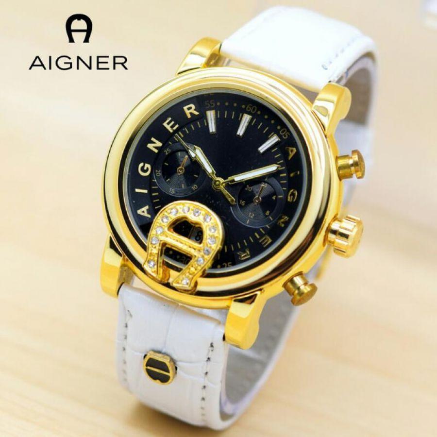 Jam Tangan Wanita Aigner Bari Plat Hitam Body Gold Kulit Cantik