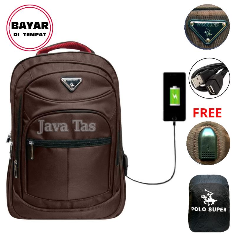 Java Tas Ransel Laptop Polo Super Tas Ransel Pria Tas Ransel Wanita Tas Laptop Tas Laptop Murah Tas Punggung Tas Kerja Tas Kuliah Tas Ransel Laptop Import Brown2 + Waterproof Raincover