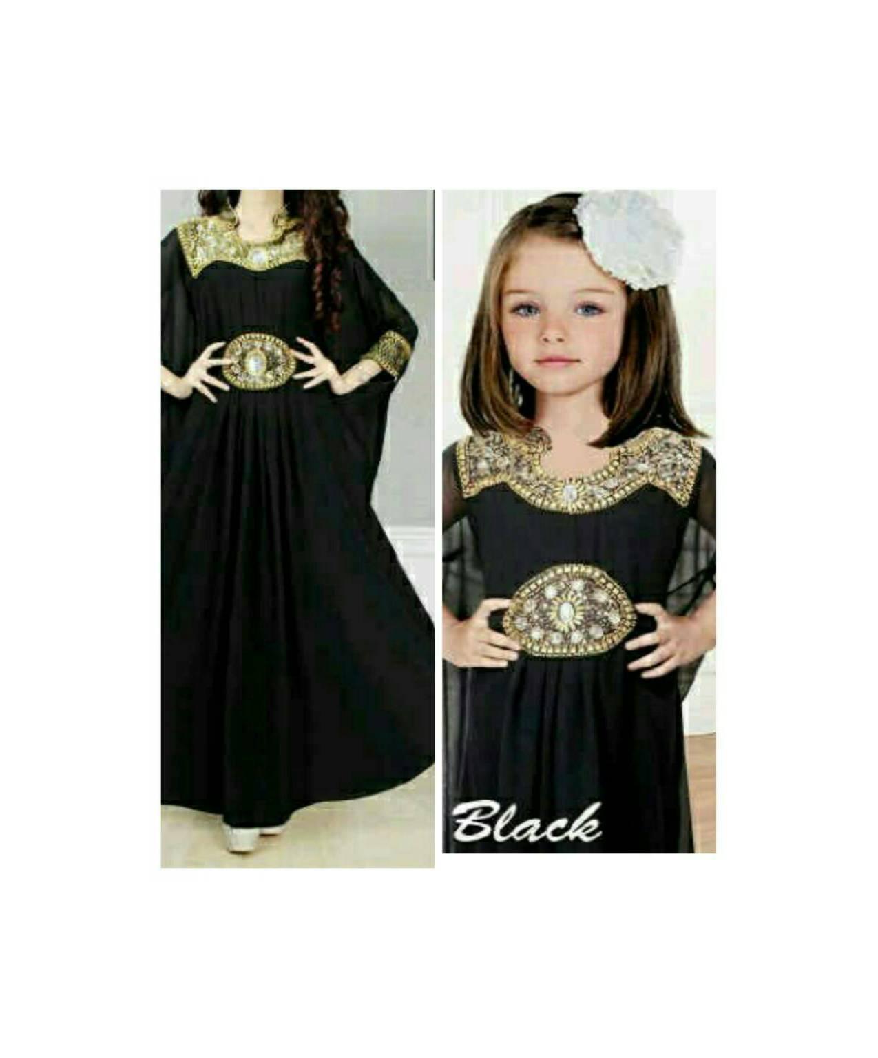 couple gamis kaftan black satin mom n kids payet