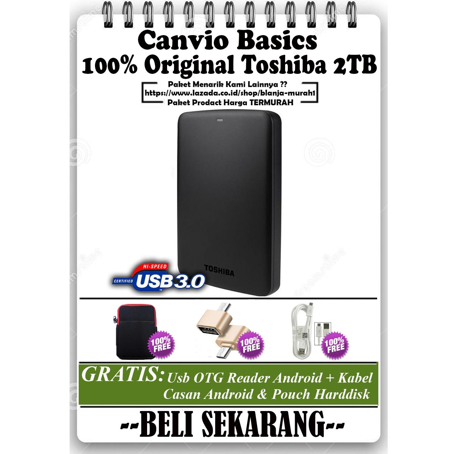 Toshiba Canvio Basics 2TB - HDD / HD / Hardisk Eksternal - Black GRATIS Pouch Harddisk Ext + Usb OTG Reader Android & Kabel Charger Micro Android