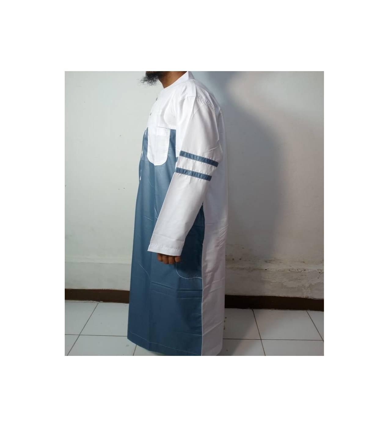 Baju Gamis Sebetis-Baju Jubah Pria Warna Abu-Putih Lengan Garis-Samase
