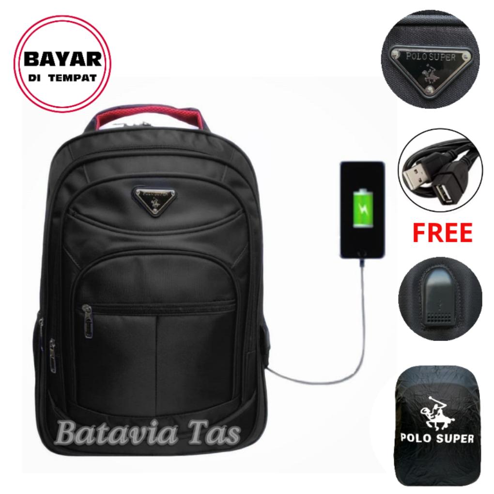 Batavia Tas Ransel Laptop Polo Super Tas Ransel Pria Tas Ransel Wanita Tas Laptop Tas Laptop Murah Tas Ransel laptop Usb Port Charge Tas Punggung Tas Kerja Tas Kuliah Tas Ransel Laptop Import Black+ Waterproof Raincover