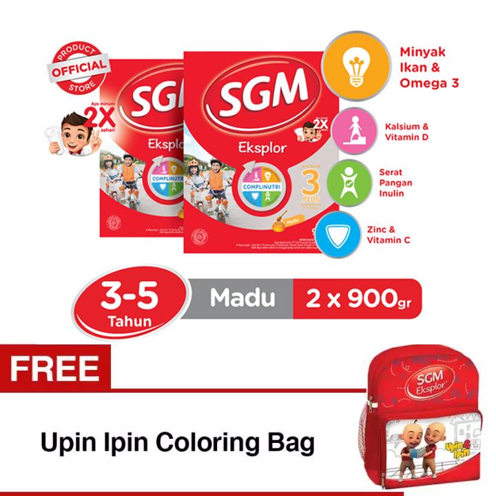 SGM Eksplor Complinutri 3+ Susu Pertumbuhan - Madu - 900gr - Bundle isi 2 Box FREE Upin Ipin Coloring Bag