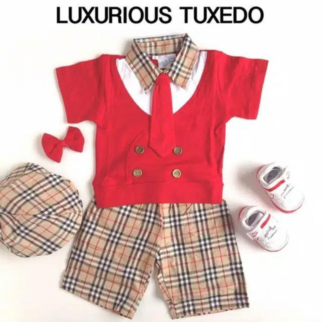 Burbery 5In1 Setelan Tuxedo Topi Baju Anak Cowok Resmi Baju Pesta Tuxedo Anak