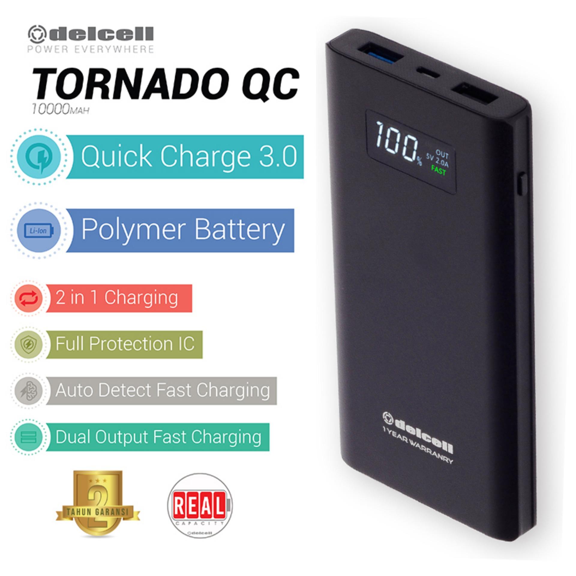 Delcell 10000mAh Powerbank TORNADO Support Quick Charge 3.0A Real Capacity Polymer Battery Slim Powerbank Garansi Resmi 1 Tahun Dual Output Power Bank Berkualitas - Black - Black
