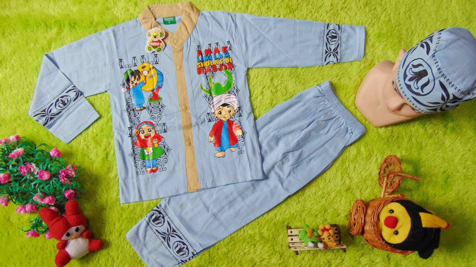 kembarshop - PALING LARIS setelan baju koko maruno muslim lebaran ramadhan idul fitri anak laki-laki cowok 4 tahun tosca PLUS PECI warna dan motif random
