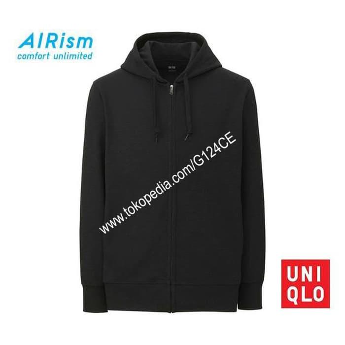 PROMO !! JACKET PRIA UNIQLO AIRism JAKET HOODIE RETSLETING 180714 hitam black