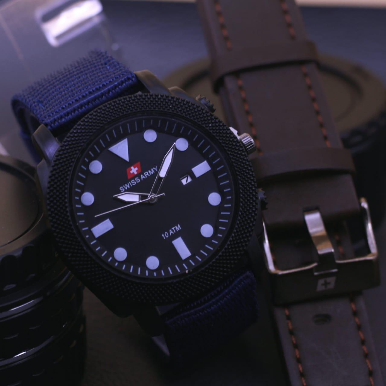 SWISS ARMY ORI - jam tangan pria casual swiss army SA 1455 SP - tanggal - kanvas free tali kulit