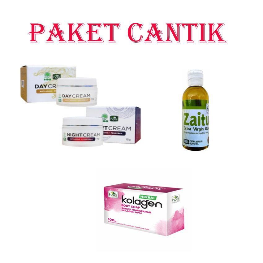 Paket Cantik HPAI Cream Perawatan Wajah Satu Paket Krim Pagi dan Malam + minyak zaitun +sabun kolagen