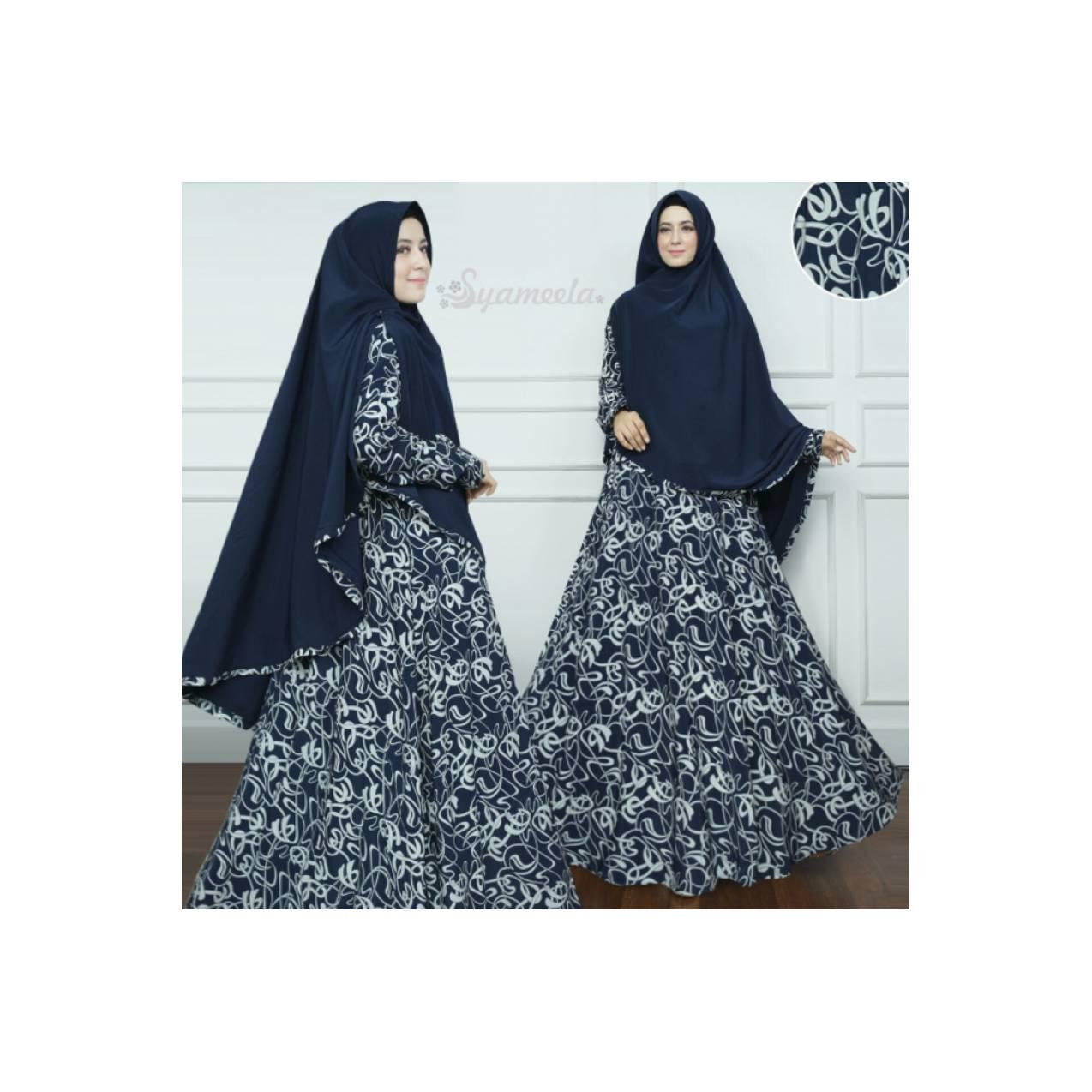 stelan hijjab syari gamis wolfis dongker batik abstrak set gamis navy