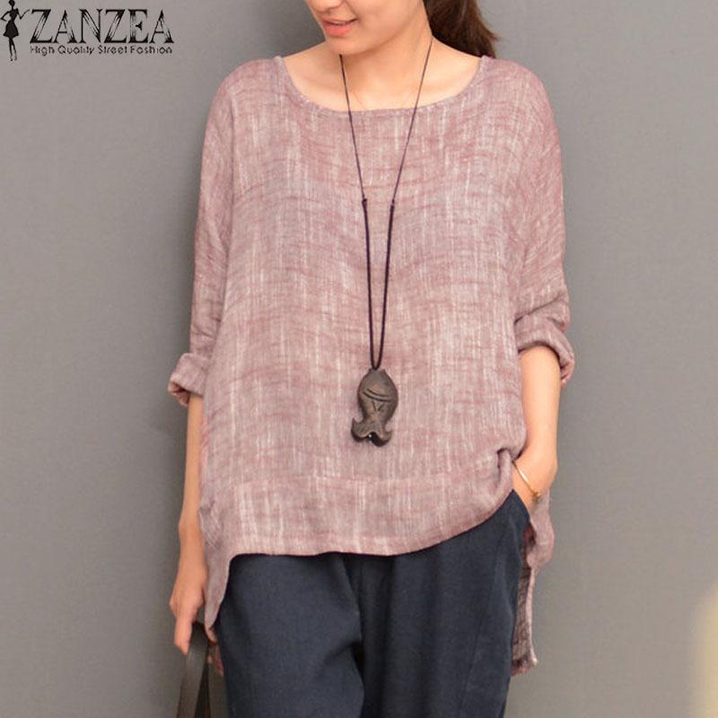 ZANZEA Plus Ukuran Wanita Retro O Leher Panjang Lengan Split Cotton Linen Spring Robe Blus Shirt PARTY Solid Baggy Top Blusas Pink-Intl