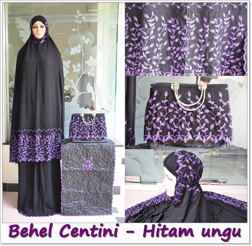 MUKENA BORDIR EXKLUSIVE BEHEL CENTINI HITAM-UNGU di lapak Grosir Mukena Dessy mukenadessy