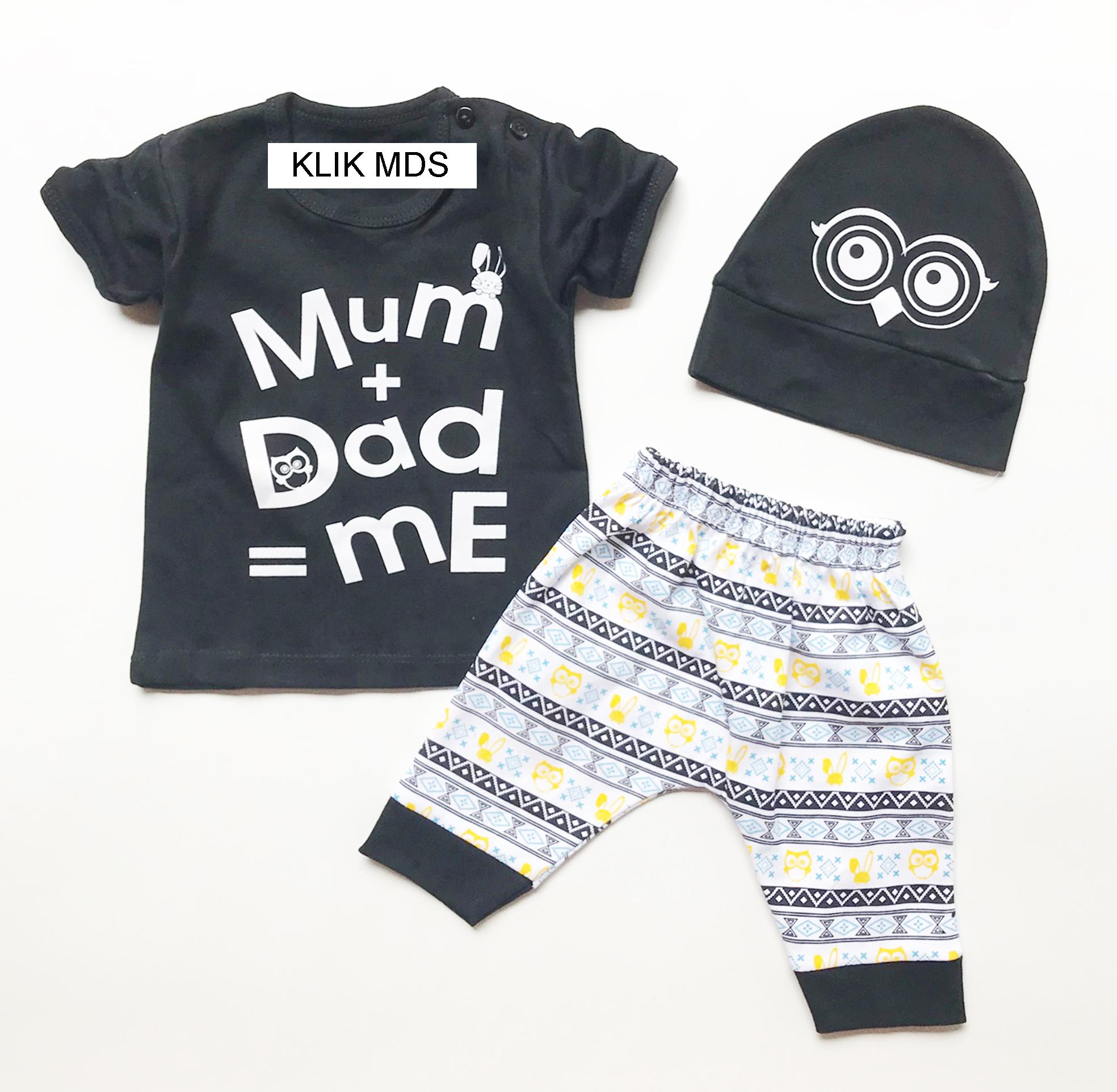 Klik Mds Baju Anak Lelaki Setelan Atasan dan Celana Motif Karakter Mum and Daddy is Me Free Topi