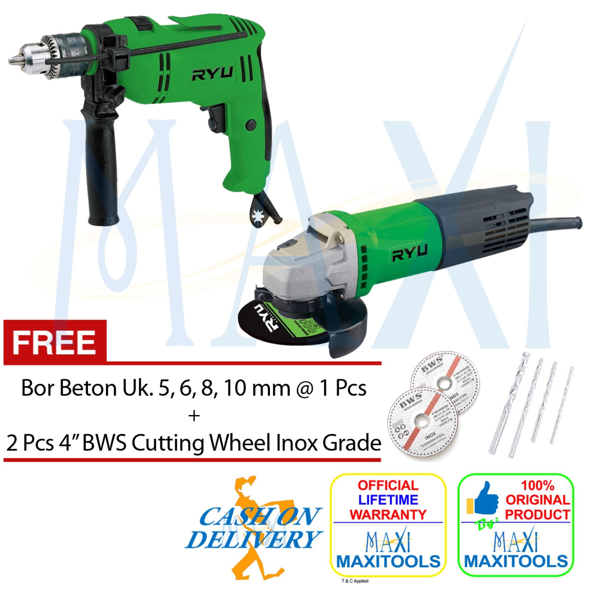 MAXITOOLS - TEKIRO RYU Mesin Bor Beton / Tembok (Impact Drill) + Grinda / Gurinda / Gerinda - RSG 100-3 + RID 13-1 RE (Promo)