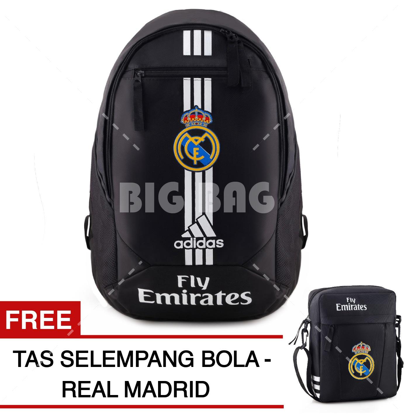 Tas Ransel Bola / Sports Pria Adidas Bola Pria Real Madrid C.F Laptop Backpack - Black + Raincover + FREE Tas Selempang Real Madrid - Black Tas Sepatu Gym Olahraga Fitness Sport Bag Futsal Sepak Bola Tas Nike Puma Eiger Bodypack Kalibre Rei Fila Termurah