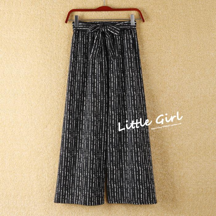 2017 Musim Semi dan Musim Panas Model Baru Netral Kotak-Kotak Motif Garis Highwaist Ikat Pinggang Dasi Kupu-kupu Casual Kulot Celana Semata Kaki Perempuan