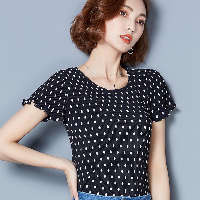 Atasan Jersey Rayon Polkadot Baju Kaos Korea Modis Gaya Musim Panas (Dasar Hitam Titik Putih)