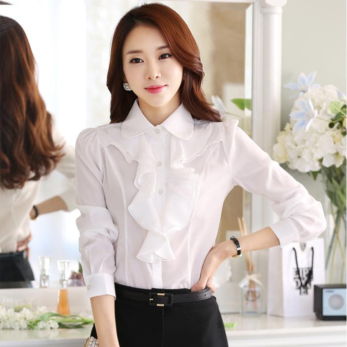 Kemeja Korea Modis Gaya Jersey Rayon Putih Model Musim Semi atau Musim Gugur Perempuan Kerah Boneka Lengan Panjang Flounced Ramping Profesi bawahan (Hitam)
