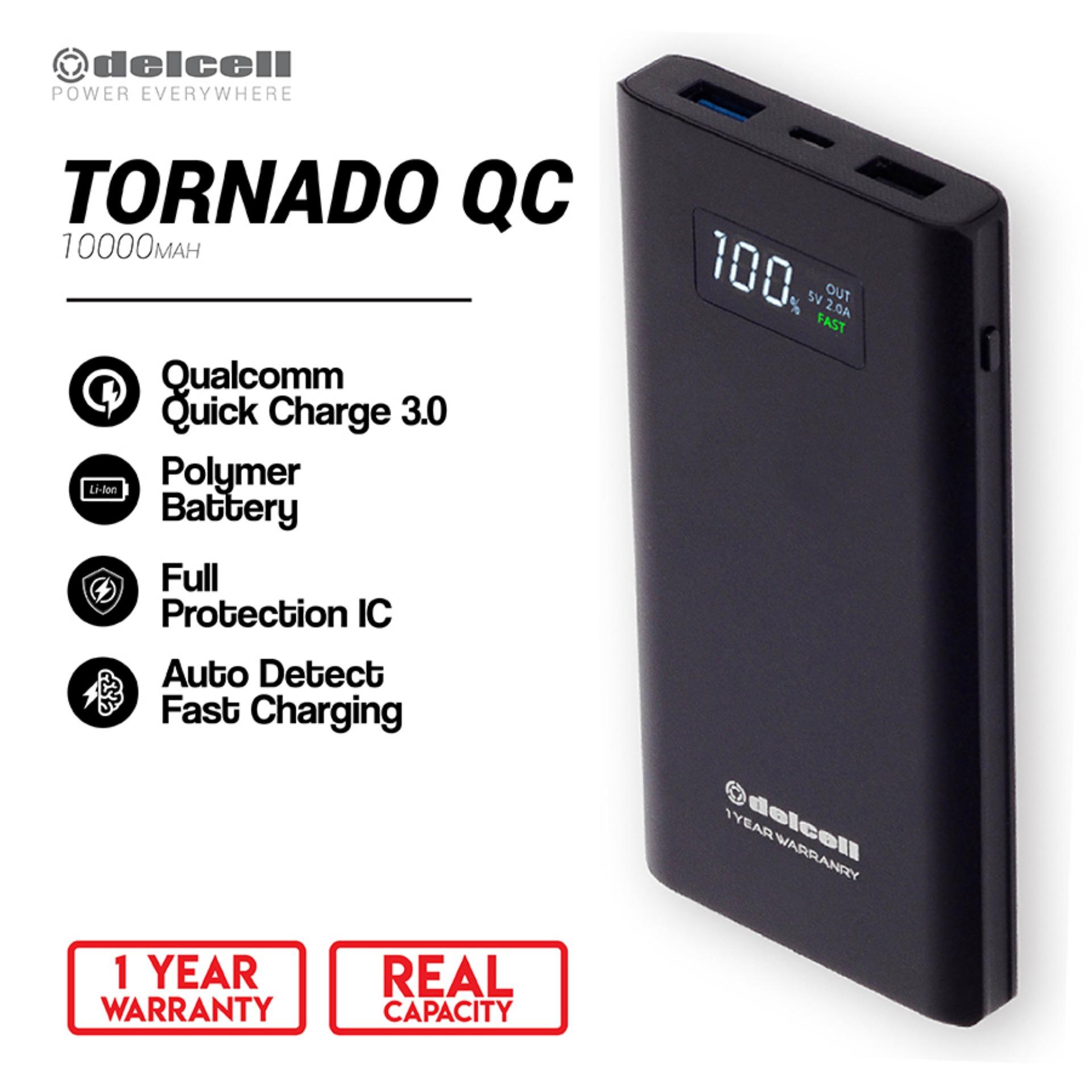 Delcell 10000mAh Powerbank TORNADO Support Quick Charge 3.0A Real Capacity Polymer Battery Slim Powerbank Garansi Resmi 1 Tahun Dual Output Power Bank Berkualitas - Black - Black