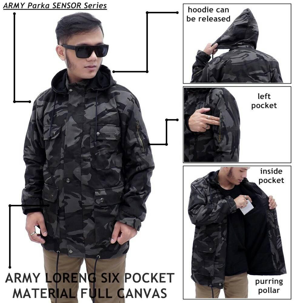 Jaket parka loreng army camo tung bisa di lepas bahan baby canvas size m fit l dan l fit xl
