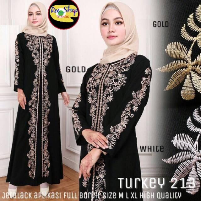 213 Abaya Arab Turkey Jubah India Umroh Haji Gamis Jalabiya Mesir Baju Pengajian Hitam Cantik Murah (Gold L)
