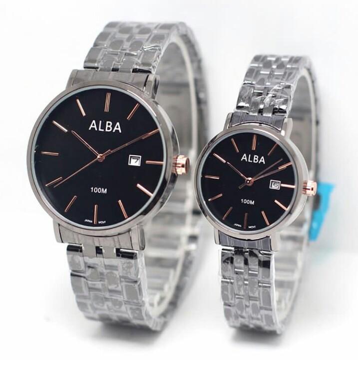 Jam Tangan Couple alba - Pria & Wanita - Tanggal Aktif - Tali Rantai Stainless Steel - Terbaru dan terpopuler