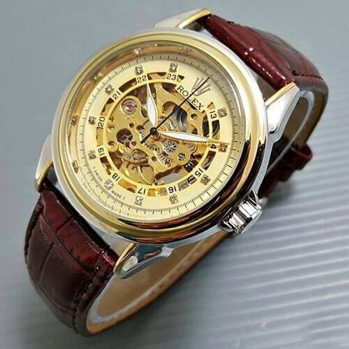 jam tangan pria / jam tangan pria original / jam tangan pria murah, jam tangan pria terbaru, jam tangan pria anti air / jam tangan pria 2018 / jam tangan pria terbaik / Jam Tangan Pria Rolex skeleton Diamond Leather Brown Kombi plat Gold DISKON MURAH!!!