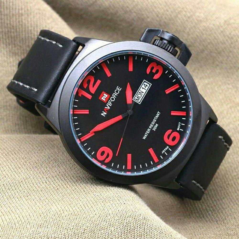 Jam Pria Original Naviforce N9060 Leather Balck - Red Stripe (Swiss Army Expedition Casio) Water Resist Proof Anti Air
