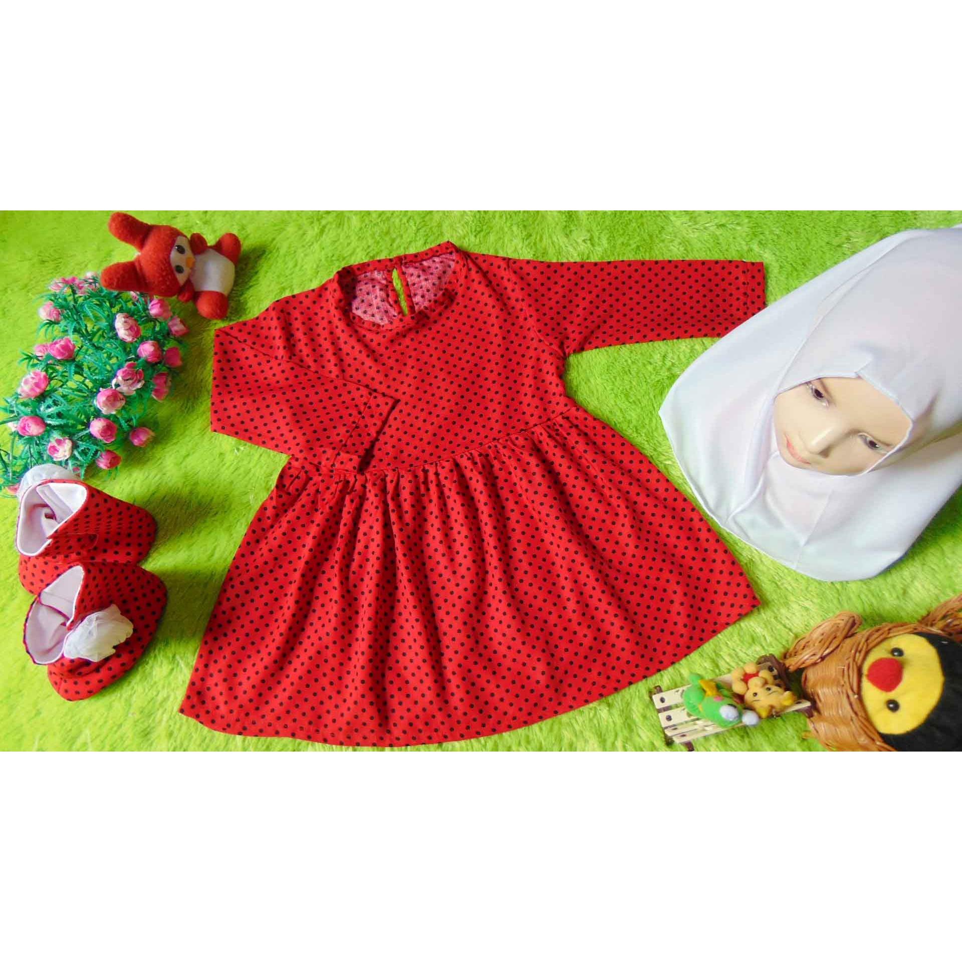 EKSKLUSIF Paket Gamis Bayi plus Jilbab dan Sepatu Boots Bayi Polka Merah Hitam Cantik 0-12 bulan