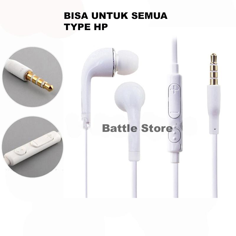 Handsfree Stereo Glossy Flat Cable Jack A/V 3.5mm For Samsung Galaxy J2 Prime Stereo Sports Earphone Bass HD Audio - Putih