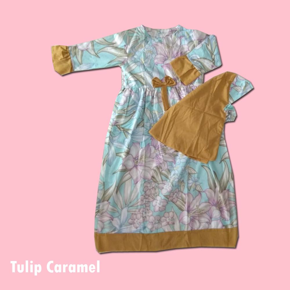 Baju Anak Gamis Gratis Jilbab Lucu Murah Big Tulip Caramel Size 10 (9-10 th)