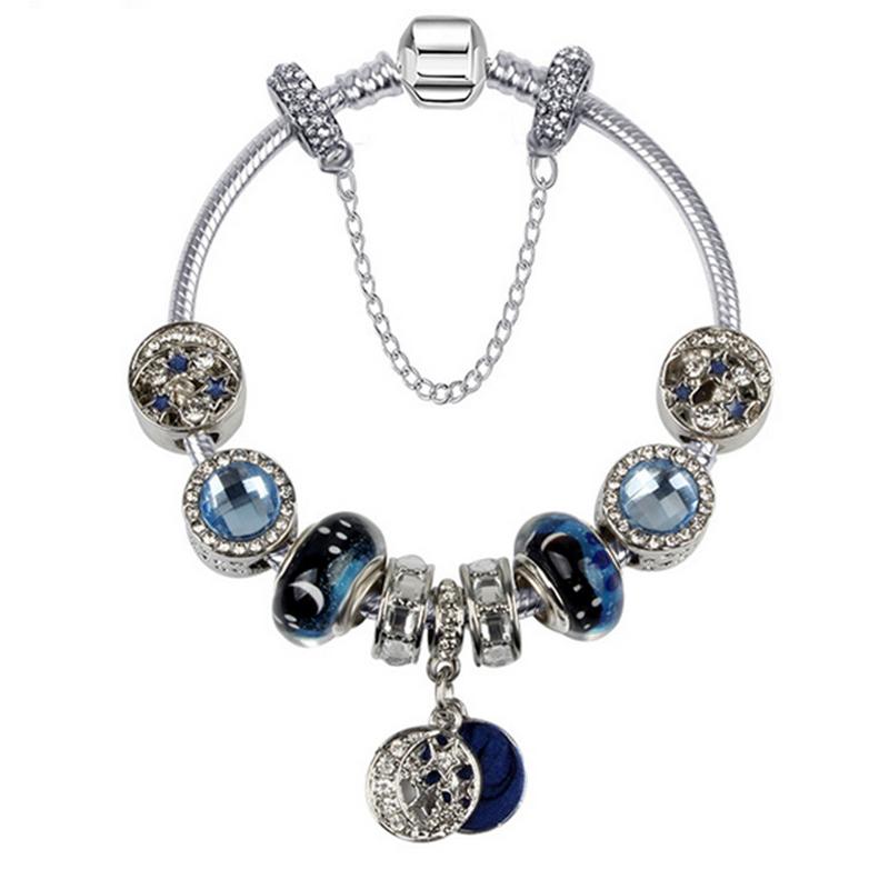 Gaya Barat gaya langit biru dengan bintang berpori Manik-manik Pandora glass diy produk jadi gelang Tulang Ular dasar Rantai Untuk Pacar hadiah