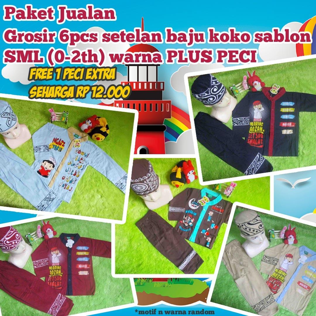 kembarshop - BONUS PECI RAJUT paket jualan grosir 6 setelan baju muslim koko anak bayi baby cowok laki-laki SML 0-2th sablon warna plus peci