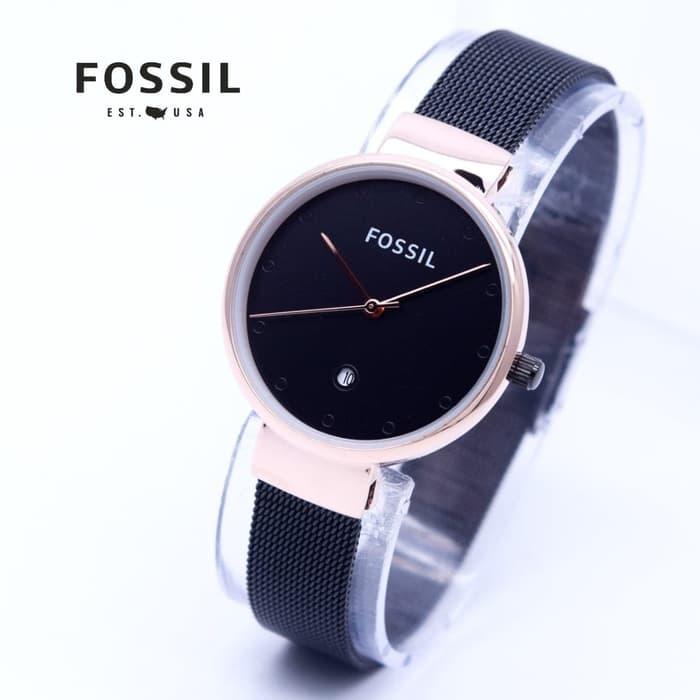 DISKON Jam Tangan Wanita / Cewek Murah Fossil Pasir Black Rosegold plat Black TERMURAH