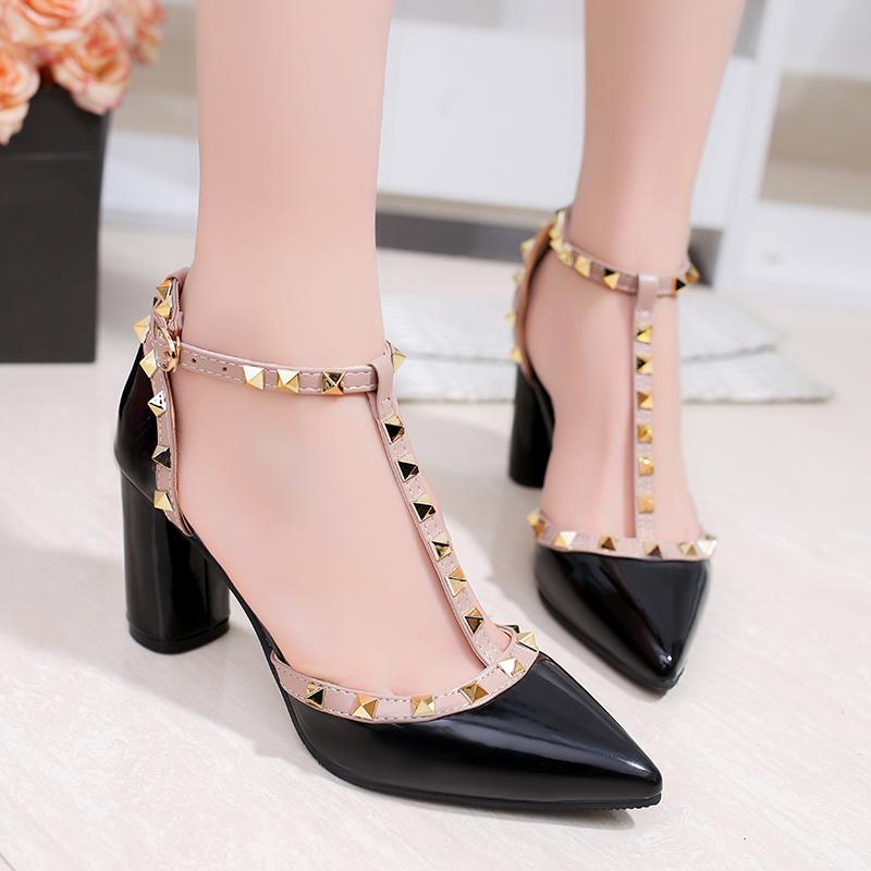 Promosi Besar untuk Sandal Tumit Tinggi Wanita Sandal Kulit T-strap Sepatu Pointed-Ujung Kaki Sepatu Dansa Wanita tinggi Heel Sandal T-strap Kulit Sandal Pointed-Ujung Kaki Pakaian Sepatu Sepatu Tari