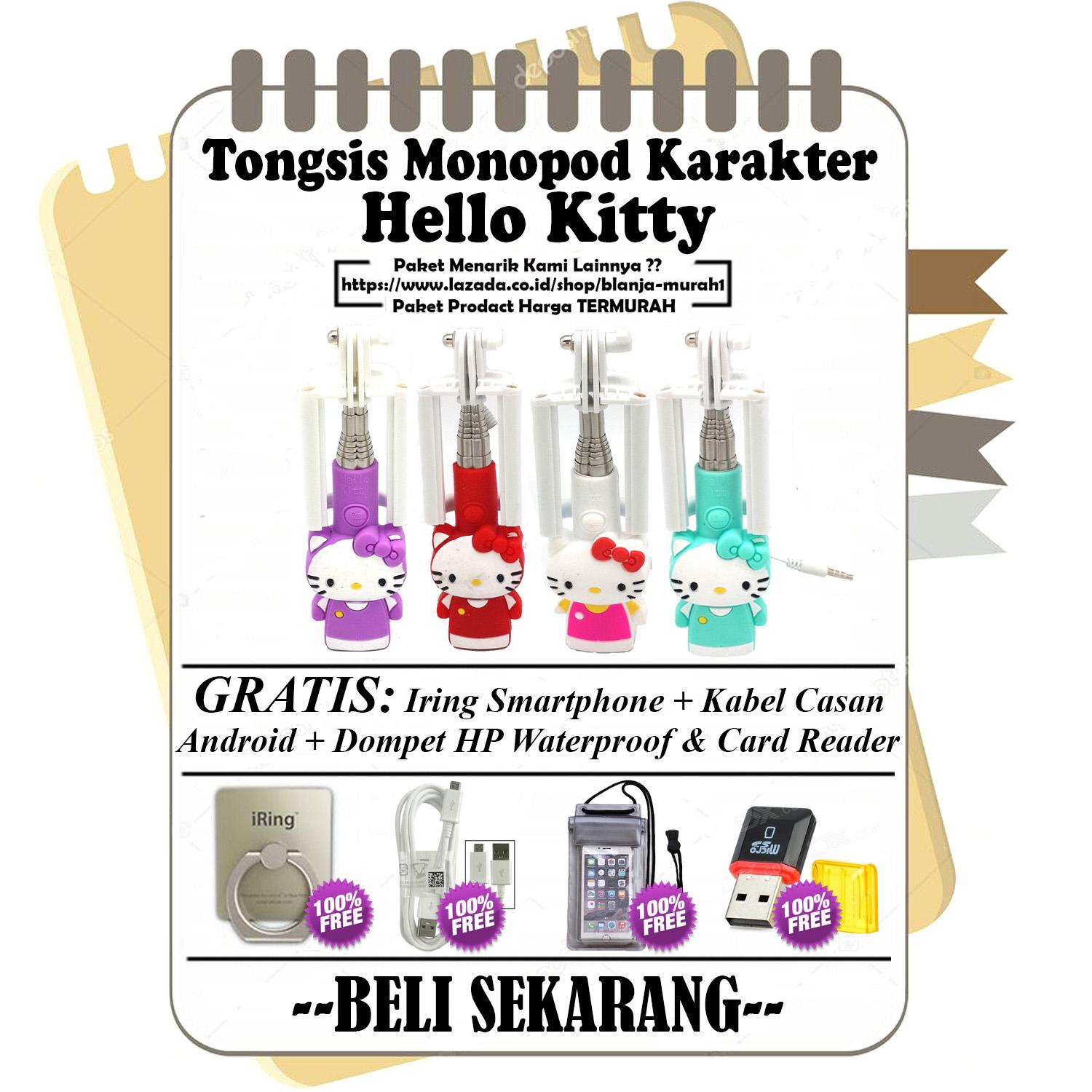 BLANJA MURAH - Tongsis Monopod Mini Karakter Hello Kitty Kabel Dengan Tombol Kamera & Holder Lipat - GRATIS Kabel Charger Micro Android + Dompet HP Waterproof + Iring Stand HP/Tablet & Card Reader MicroSD