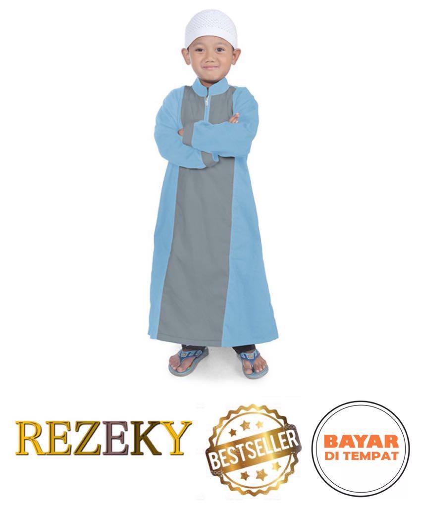 Gamis Koko Anak Murah Kombinasi Strip - Abu Biru-RZ