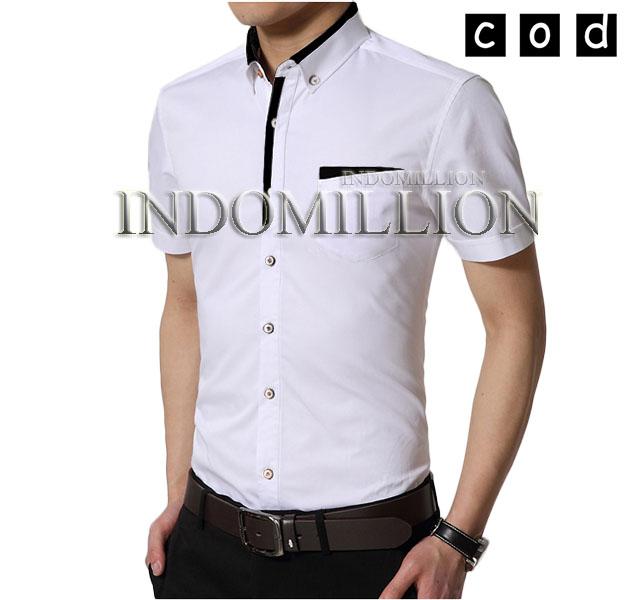 IndoMillion Baju Hem Kemeja Pria Jacob lengan pendek - Putih / Hitam / Abu / Slim fit / Casual / Polos / Kerja / Kantor / Katun / Kem Tangan Pendek Cowo / Atasan Cowok / Pakaian Laki laki Dewasa Slimfit Kekinian