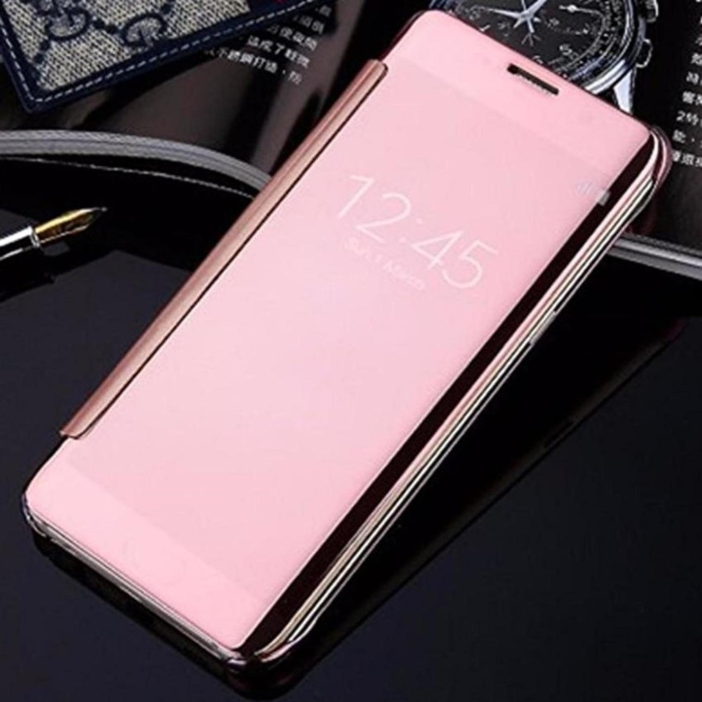 Case For Samsung Galaxy A8 2018 Flipcase Flip Mirror Cover S View Transparan Auto Lock Casing Hp- Pink