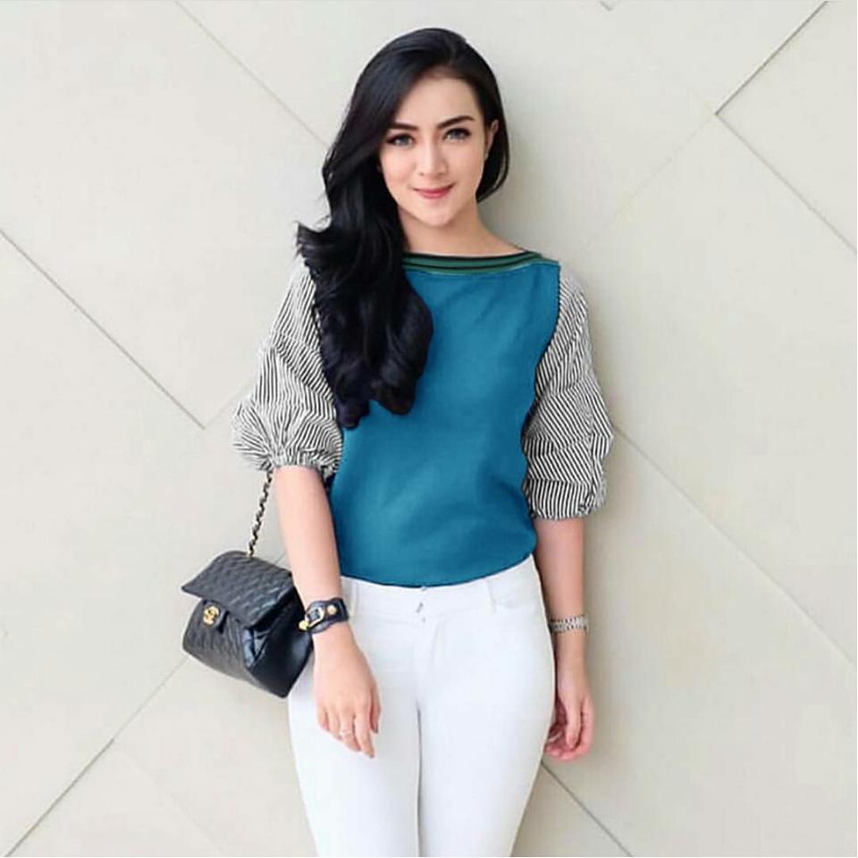 Ria_store Blouse MC222 Tria Strip Top Tosca Best Seller / Baju Wanita / Blouse Korea / Atasan Wanita / Baju Trendy / Blouse Cewek Tunik / Atasan Wanita Tunik / Blouse Kece / Pakaian Atasan Wanita Muslim Modern Top Cewek Santai Simple Casual Murah