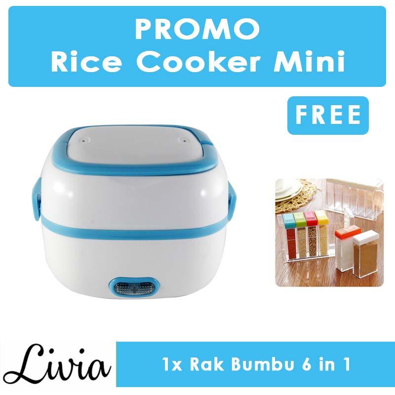 Livia Rice Cooker Mini 2 Susun kapasitas 1 L - Penanak Nasi Mini - Egg Boiler BONUS Rak Bumbu 6 in 1